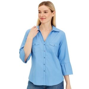 Harve Benard Blue Collared Button Up Blouse‎ With 3/4 Roll Tab Sleeves Size L